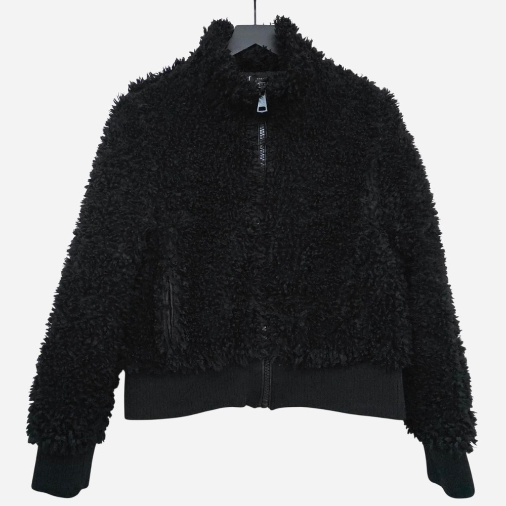 Zara Black Boucle Fleece Teddy Sherpa Faux Fur Cropped Bomber Jacket, M